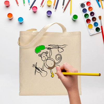 Black Color Monkey Tote Bag (Basic Level) - Coloring-Painting Bags for Kids - Your Logo Print