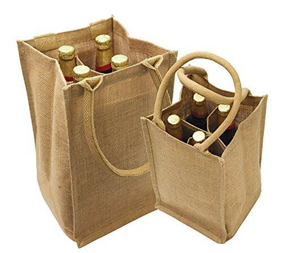 Natural Jute Wine Bags / Burlap Wine Tote Bags with Removable Dividers - By Piece - Your Logo Print