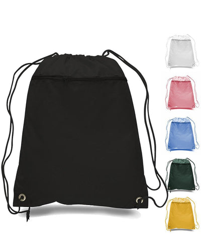 Polyester Value Drawstring Bags with Front Zippered Pocket - Your Logo Print