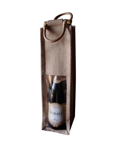 Single Bottle Burlap Gift Wine Bags with Wooden Handles & PVC Window - By Piece - Your Logo Print