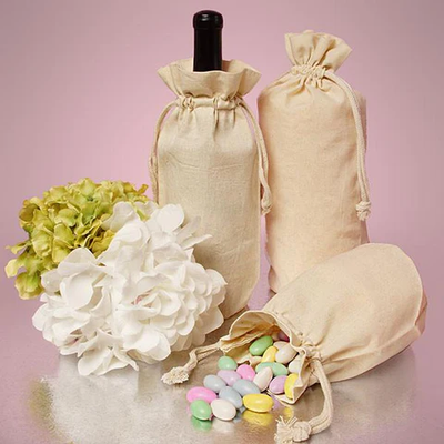 Single Bottle Natural Cotton Muslin Wine Bags with Drawstrings Closure - By Piece - Your Logo Print