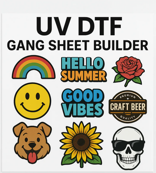 Collection of colorful graphics including a rainbow, 'Hello Summer', 'Good Vibes', smiley face, rose, dog, sunflower, and skull on a white background with text 'UV DTF Gang Sheet Builder'.